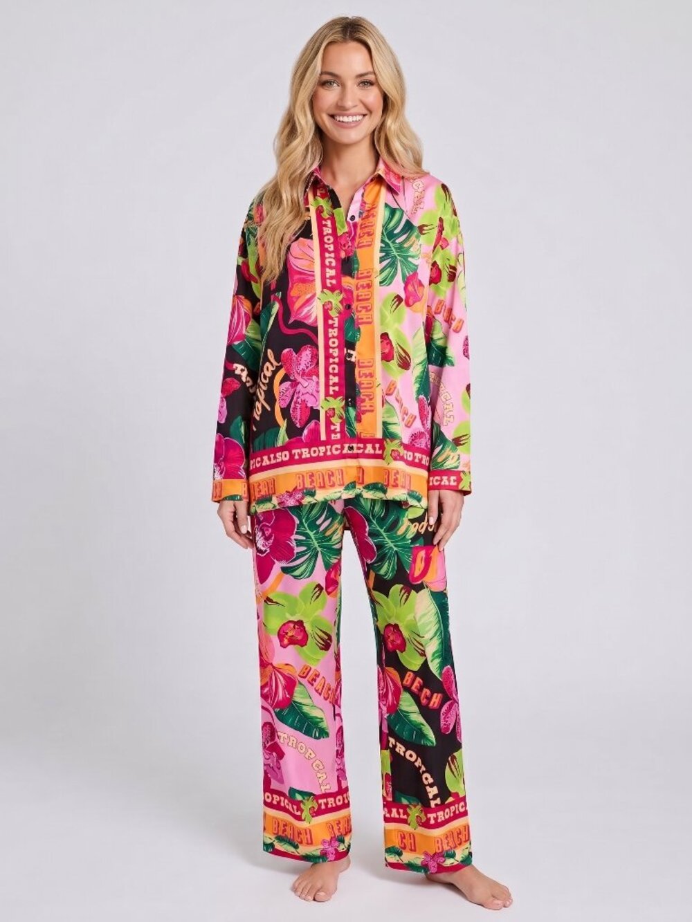 Show Me Your Mumu Women's Tropical PJ Set Button Shirt Pants Vacation Sleepwear
